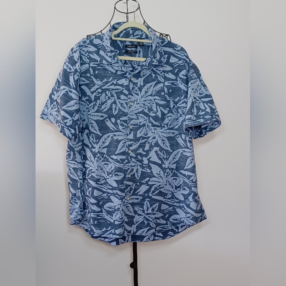 Van Heusen Men' S Tropical Palm Leaf Slub Cotton Shirt- Dusty Blue